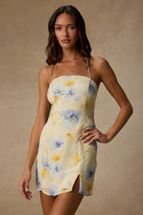 Catch the Bouquet Light Yellow Floral Halter Lace-Up Mini Dress