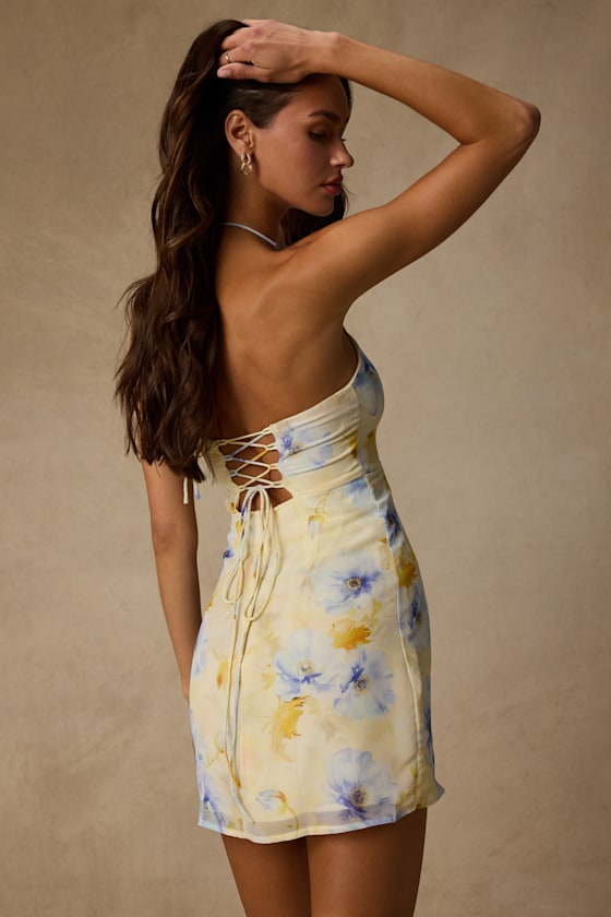 Catch the Bouquet Light Yellow Floral Halter Lace-Up Mini Dress