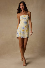 Catch the Bouquet Light Yellow Floral Halter Lace-Up Mini Dress