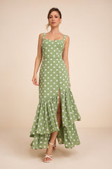 Raynelle Light Green Polka Dot Lace-Up Tiered Maxi Dress