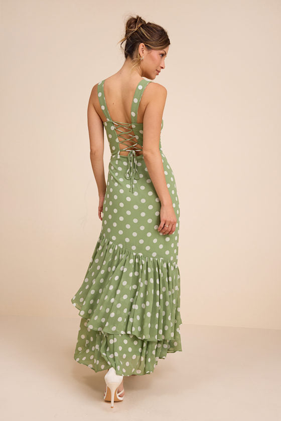 Raynelle Light Green Polka Dot Lace-Up Tiered Maxi Dress