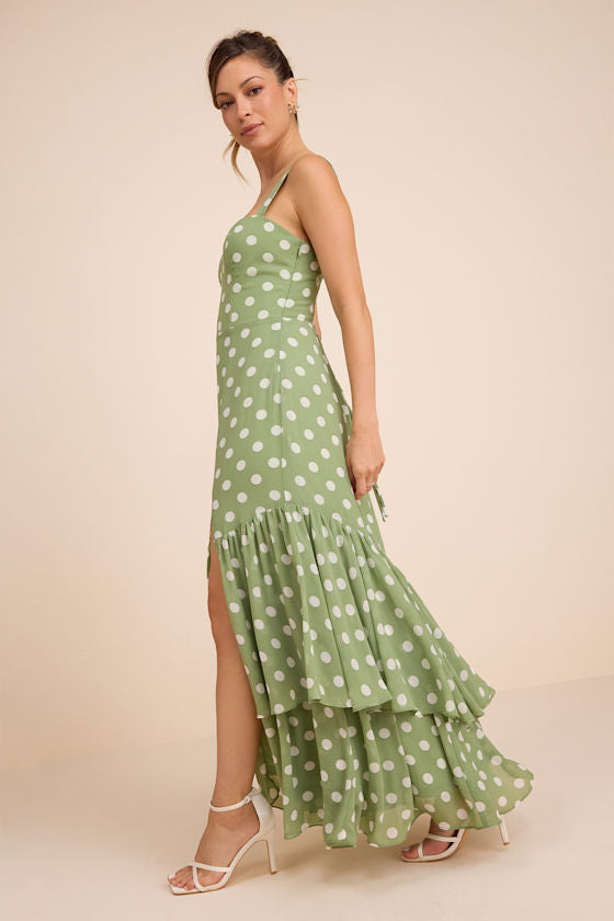 Raynelle Light Green Polka Dot Lace-Up Tiered Maxi Dress