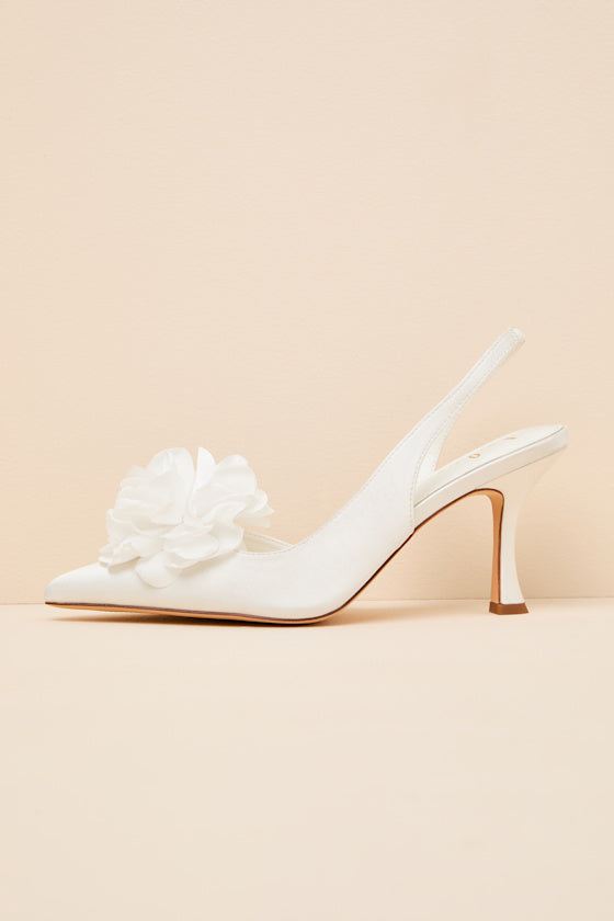 Courtney Ivory Satin Floral Applique Slingback Pumps