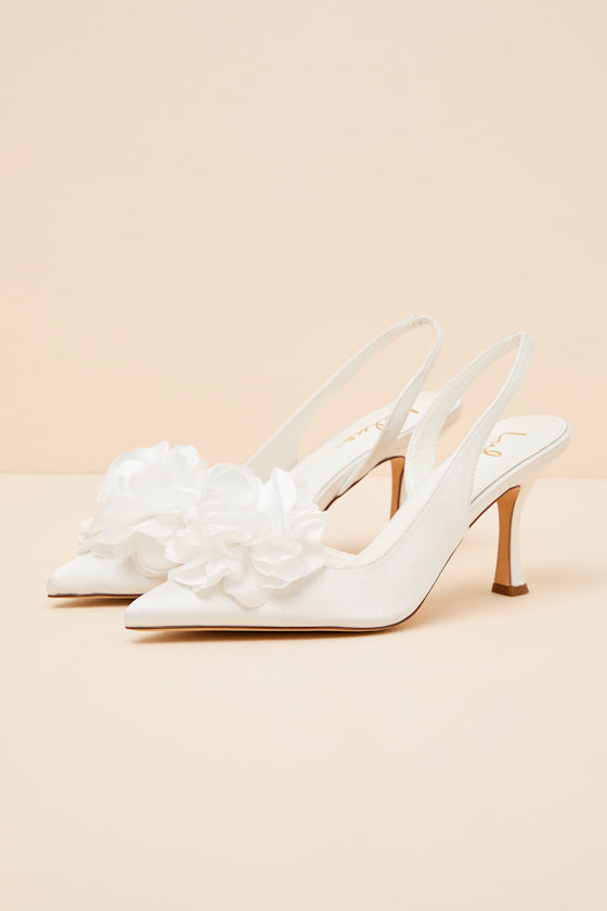 Courtney Ivory Satin Floral Applique Slingback Pumps