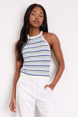 Farida Ivory and Blue Striped Crochet Tank Top