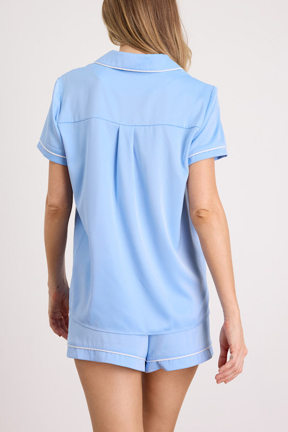 Bestie to Bridesmaid Light Blue Satin Two-Piece Pajama Set