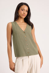 Casually Sophisticated Olive Linen Sleeveless Button-Front Top