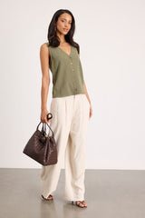 Casually Sophisticated Olive Linen Sleeveless Button-Front Top