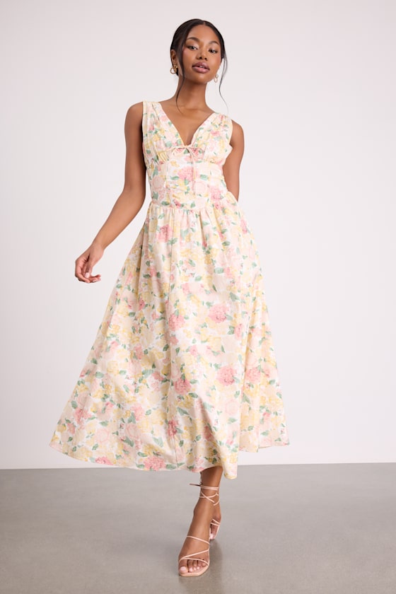 Lettie Ivory Multi Floral Poplin Plunge Neck Midi Dress