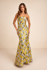 Gowning Around Yellow Floral Jacquard Strapless Maxi Dress