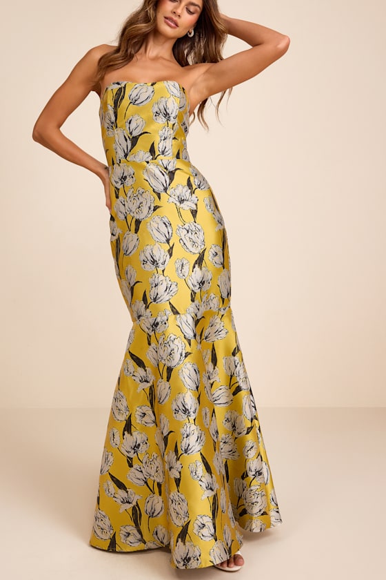 Gowning Around Yellow Floral Jacquard Strapless Maxi Dress