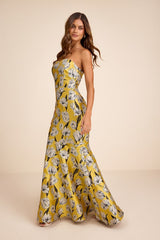 Gowning Around Yellow Floral Jacquard Strapless Maxi Dress