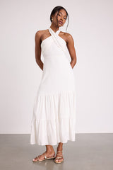 Always Eye-Catching White Tiered Halter Midi Dress