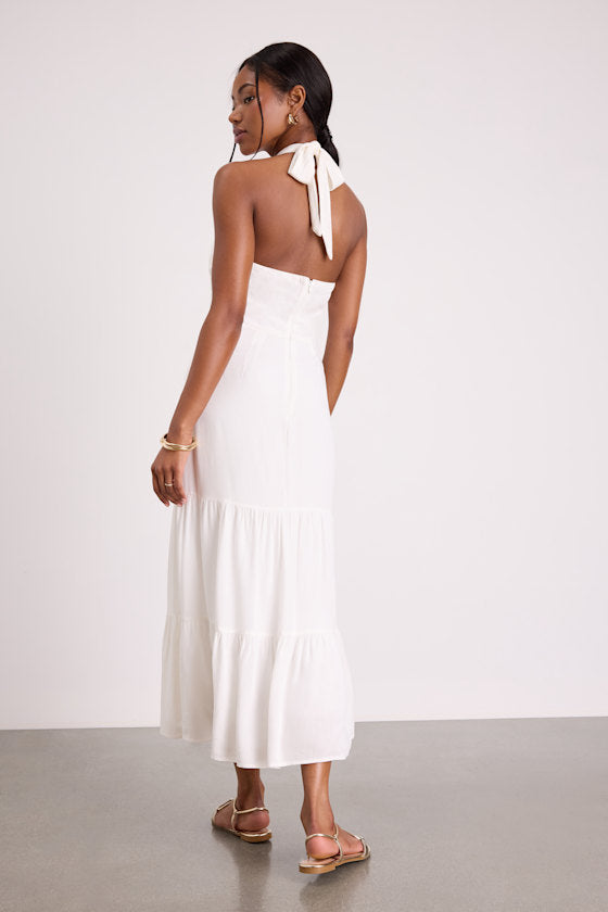 Always Eye-Catching White Tiered Halter Midi Dress