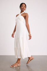 Always Eye-Catching White Tiered Halter Midi Dress