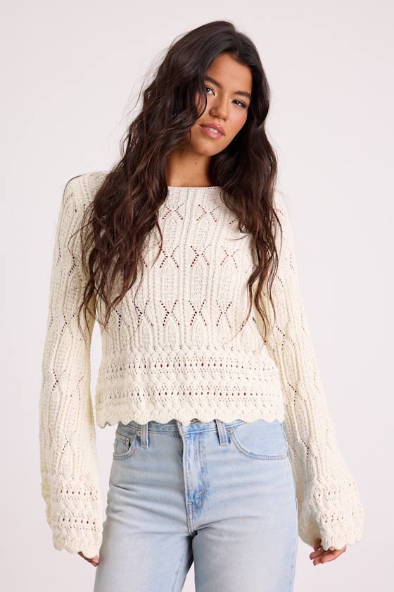 Wendy Ivory Crochet Bell Sleeve Sweater