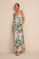 Whimsical Beauty Multi Floral Satin Plisse Strapless Maxi Dress