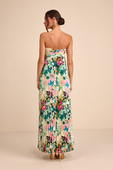 Whimsical Beauty Multi Floral Satin Plisse Strapless Maxi Dress
