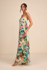 Whimsical Beauty Multi Floral Satin Plisse Strapless Maxi Dress