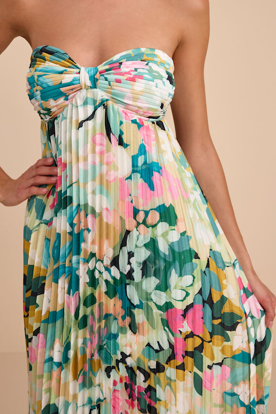 Whimsical Beauty Multi Floral Satin Plisse Strapless Maxi Dress