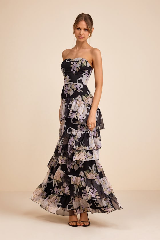 Niyati Black Floral Strapless Tiered Maxi Dress