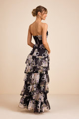 Niyati Black Floral Strapless Tiered Maxi Dress