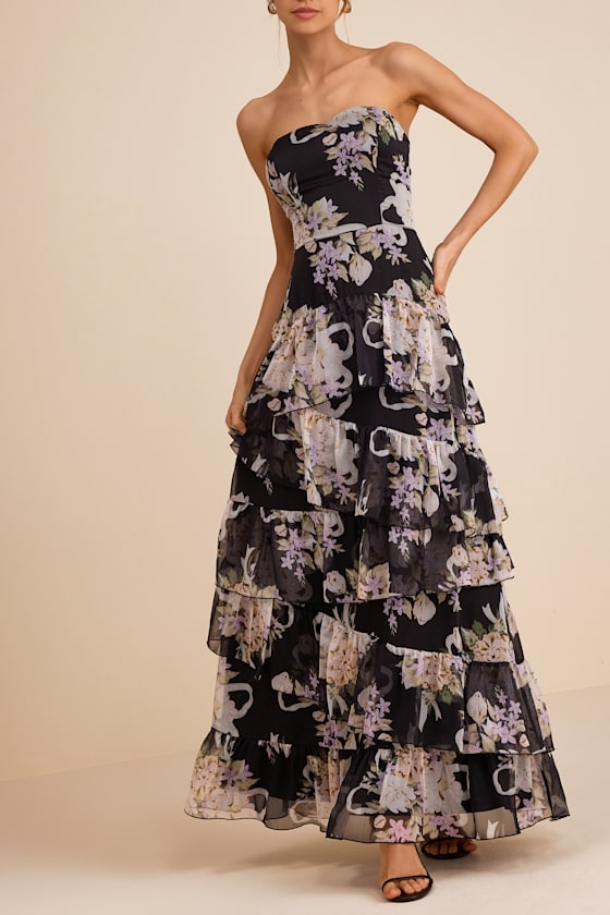 Niyati Black Floral Strapless Tiered Maxi Dress