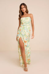 Epitome of Allure Lime Floral Mesh Strapless Ruched Maxi Dress