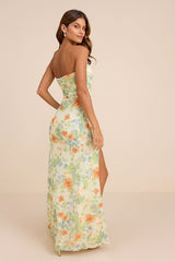 Epitome of Allure Lime Floral Mesh Strapless Ruched Maxi Dress