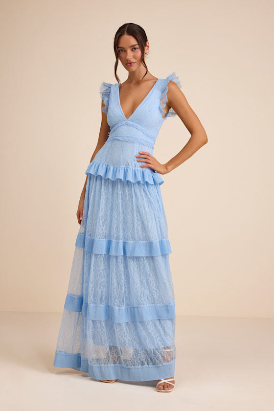 Marvelous Darling Powder Blue Lace Ruffled Tiered Maxi Dress