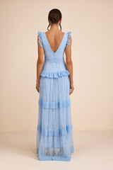 Marvelous Darling Powder Blue Lace Ruffled Tiered Maxi Dress