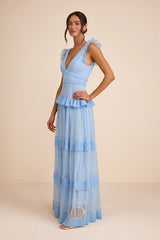 Marvelous Darling Powder Blue Lace Ruffled Tiered Maxi Dress