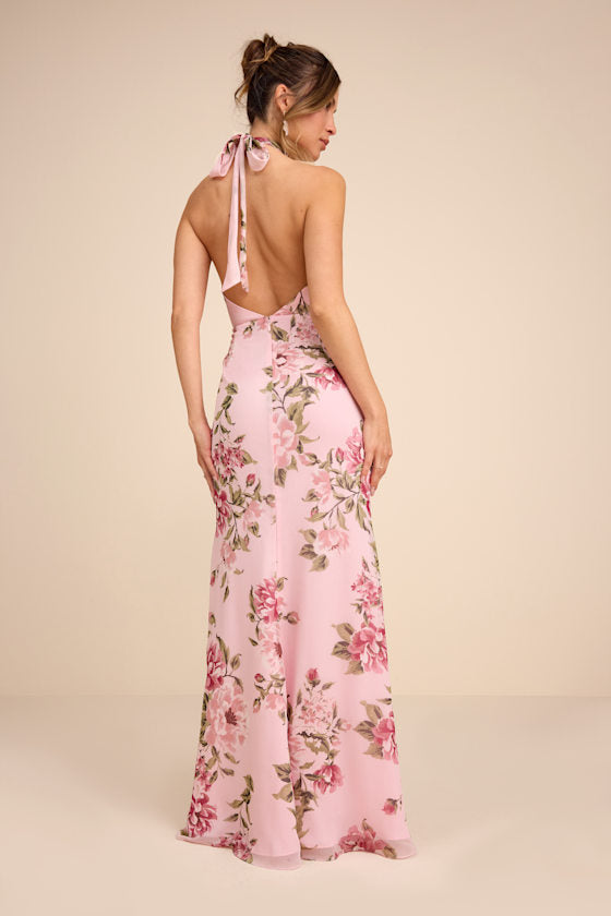 Captured Your Heart Light Pink Floral Halter Maxi Dress