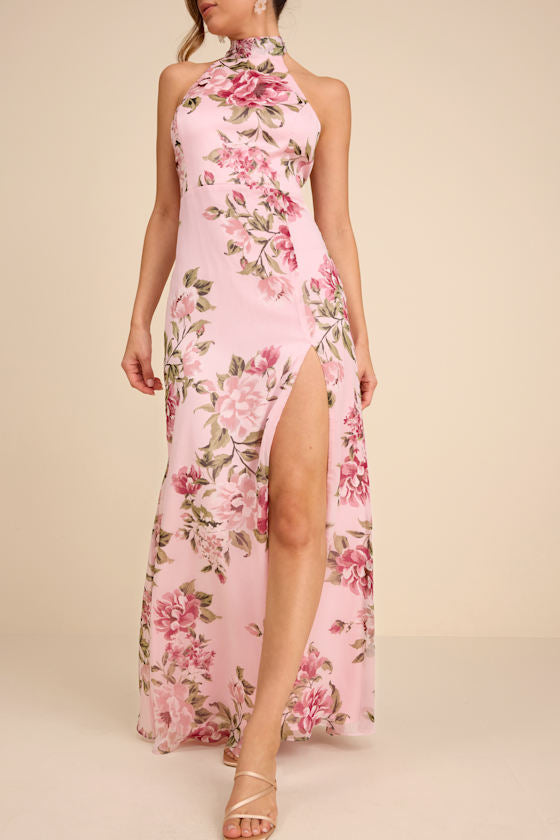 Captured Your Heart Light Pink Floral Halter Maxi Dress