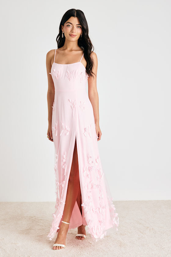 Abundant Charm Blush Pink 3D Floral Applique Maxi Dress