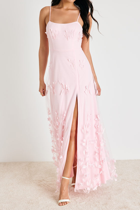 Abundant Charm Blush Pink 3D Floral Applique Maxi Dress