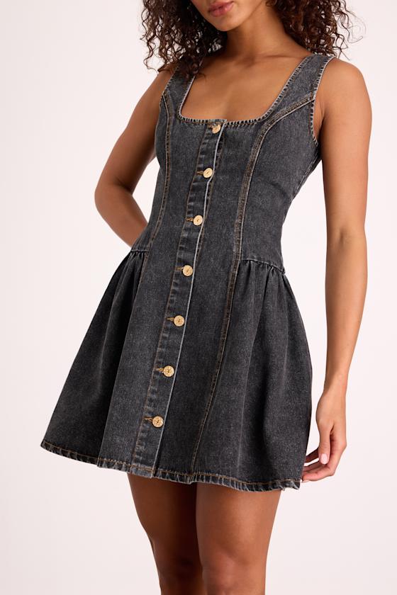 Prinsley Washed Black Denim Button-Front Mini Dress