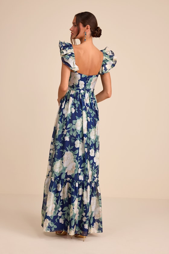 Soiree Perfection Navy Floral Ruffled Tiered Maxi Dress