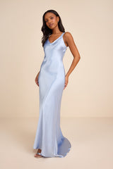 Perfectly Classy Light Blue Satin Strappy Maxi Dress