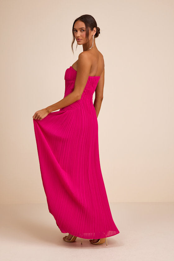 Narasha Fuchsia Pleated Strapless Maxi Dress