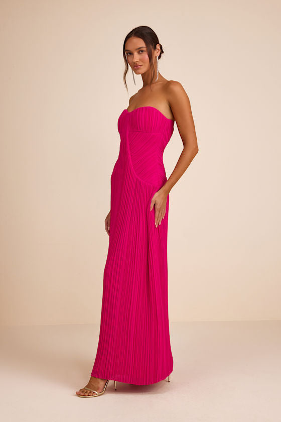 Narasha Fuchsia Pleated Strapless Maxi Dress