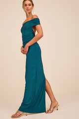Brilliant Elegance Teal Off-the-Shoulder Backless Maxi Dress