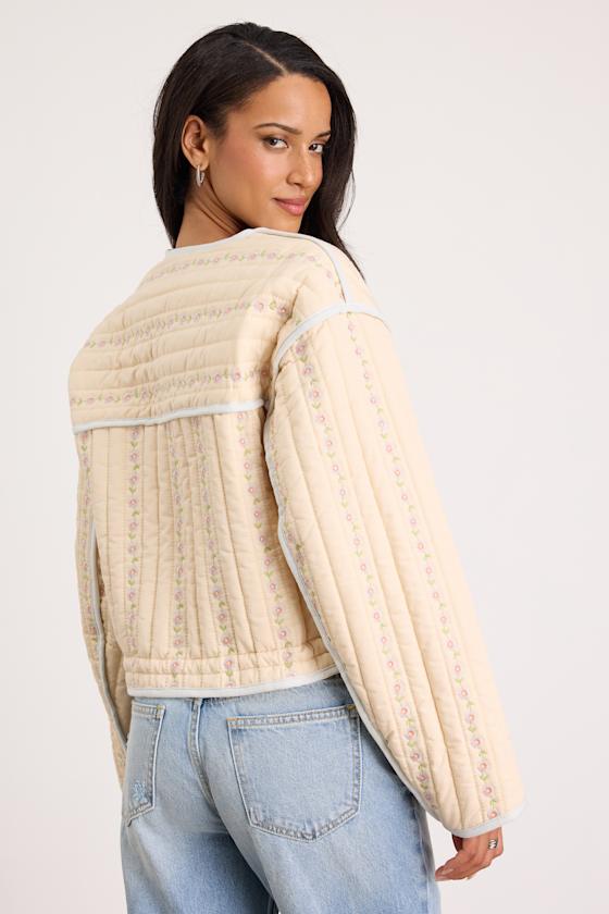 Feeling Pretty Cream Floral Quilted Zip-Up Jacket
