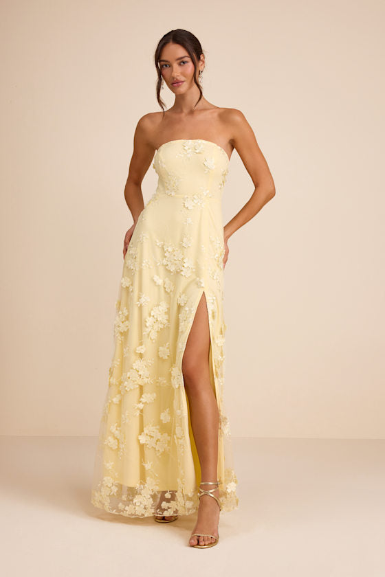Rare Presence Light Yellow 3D Floral Embroidered Maxi Dress