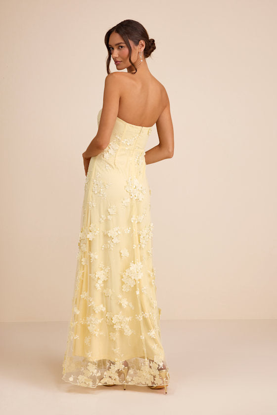 Rare Presence Light Yellow 3D Floral Embroidered Maxi Dress