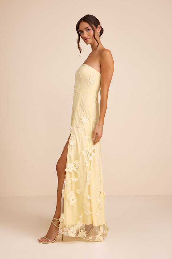 Rare Presence Light Yellow 3D Floral Embroidered Maxi Dress
