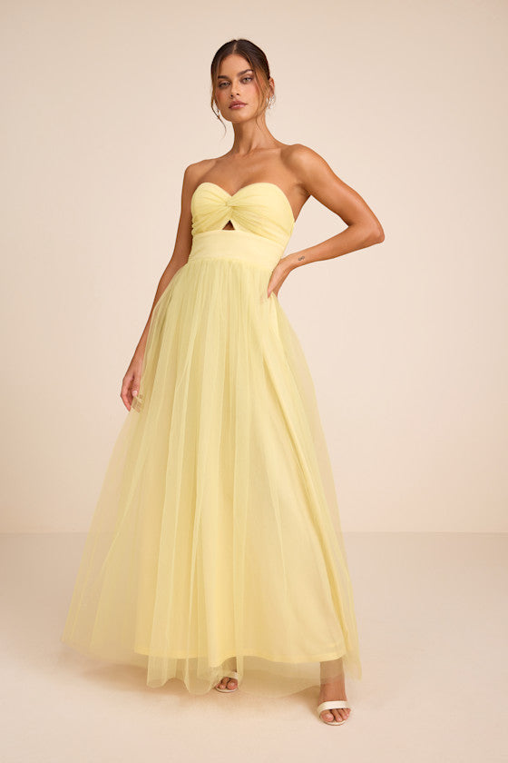 Lyssa Pale Yellow Tulle Strapless Cutout Maxi Dress
