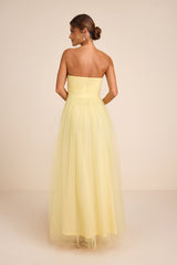 Lyssa Pale Yellow Tulle Strapless Cutout Maxi Dress