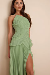 Magdalene Light Green Pleated Asymmetrical Maxi Dress