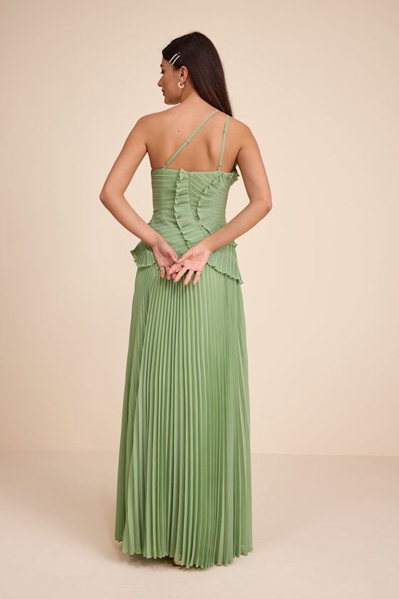 Magdalene Light Green Pleated Asymmetrical Maxi Dress